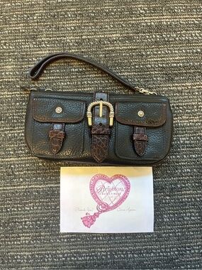 Vintage Brighton Dark Brown Leather Wristlet Clutch with Gold Buckle